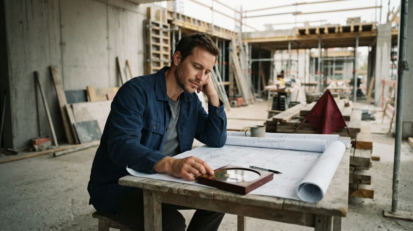 Chủ nhà mệt mỏi xem bản vẽ bên bàn gỗ giữa công trường xây dựng.