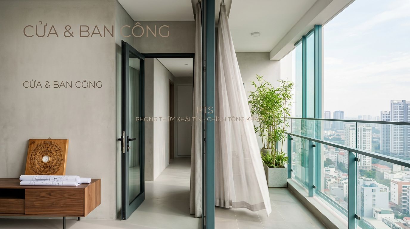 Cửa kính và ban công căn hộ nhìn ra thành phố, có cây tre và rèm sáng màu.