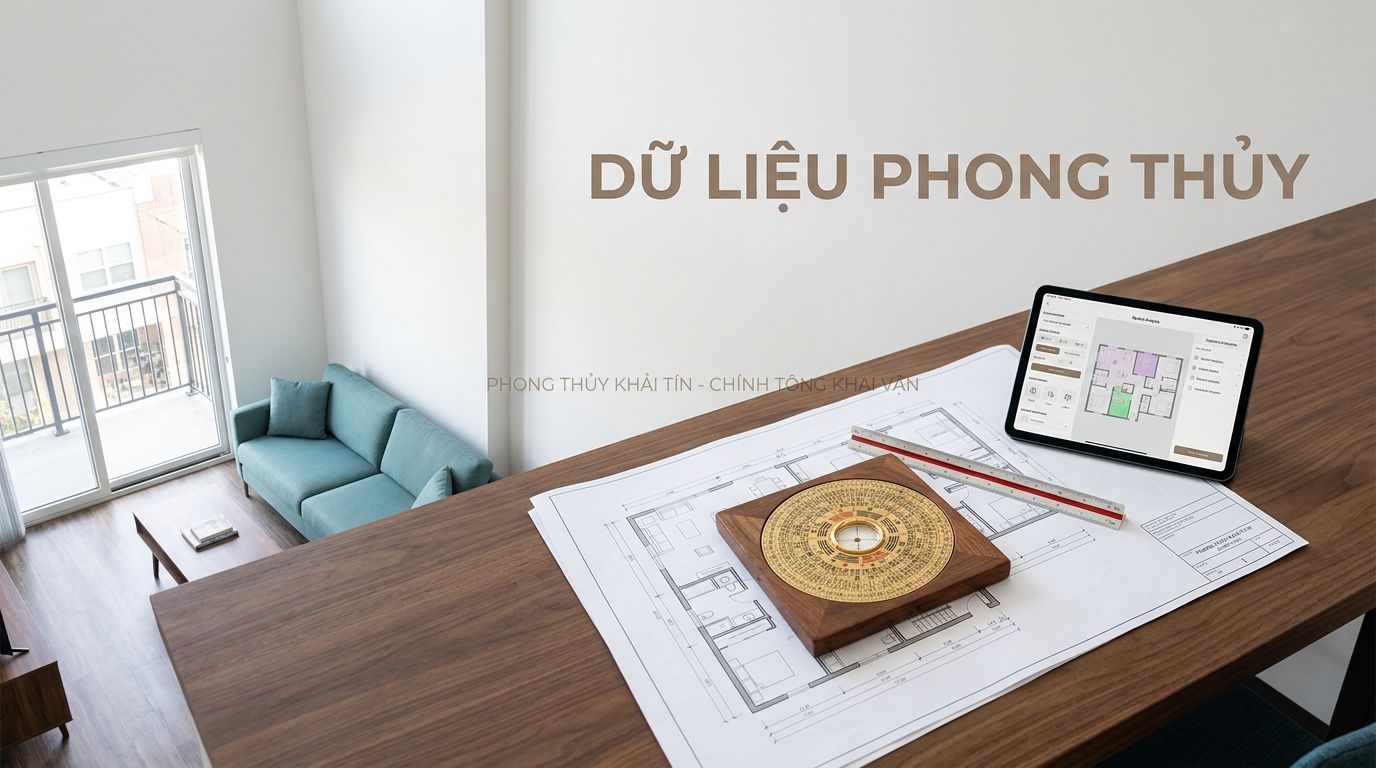 Bản vẽ căn hộ, la bàn phong thủy và máy tính bảng trên bàn gỗ.