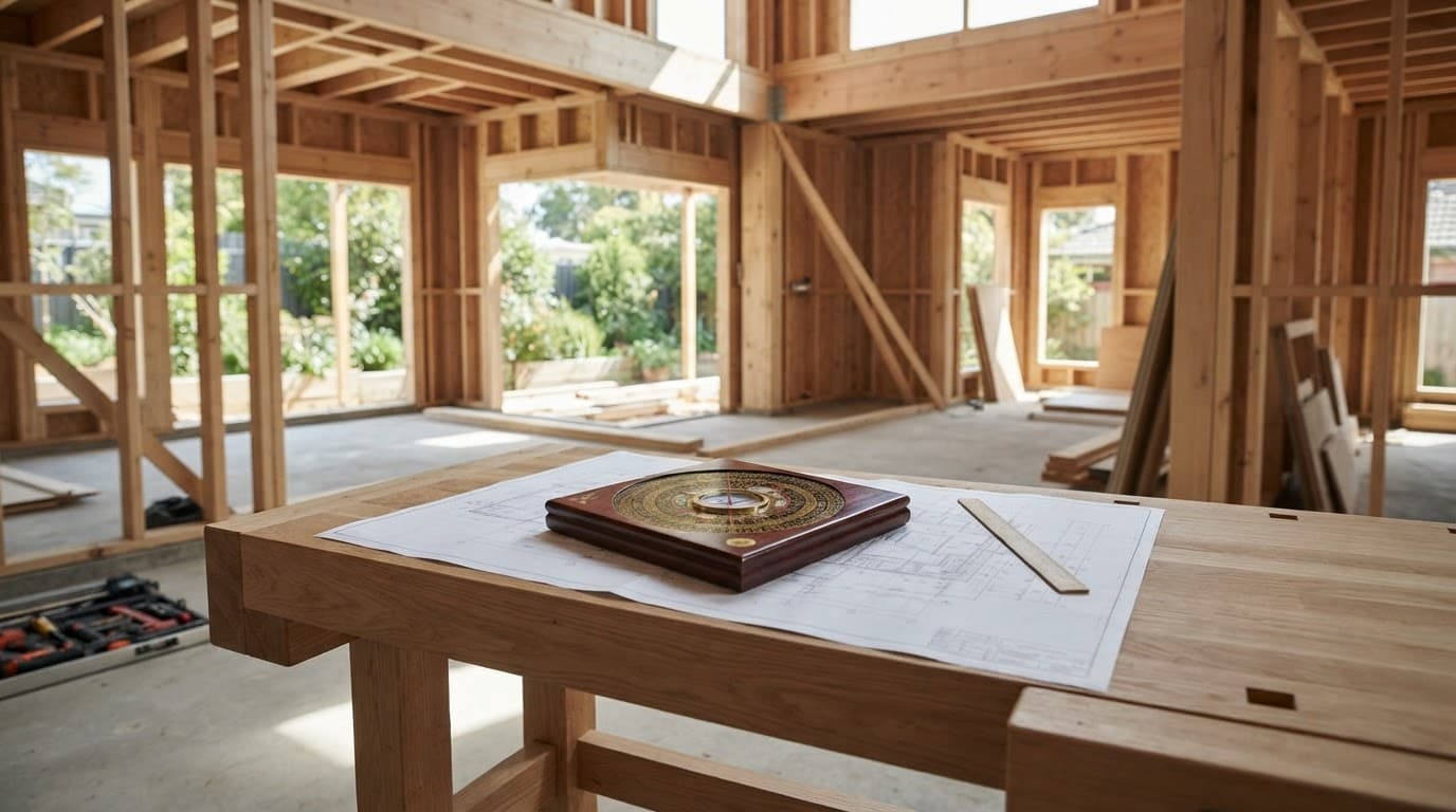Bàn gỗ đặt la bàn La Kinh, bản vẽ kiến trúc và thước đo trong căn nhà đang hoàn thiện.